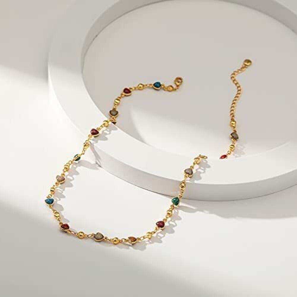 6037 Heart Choker Necklace 18k Gold Plated Adjustable Colorful Gold Heart - Picture 3 of 6